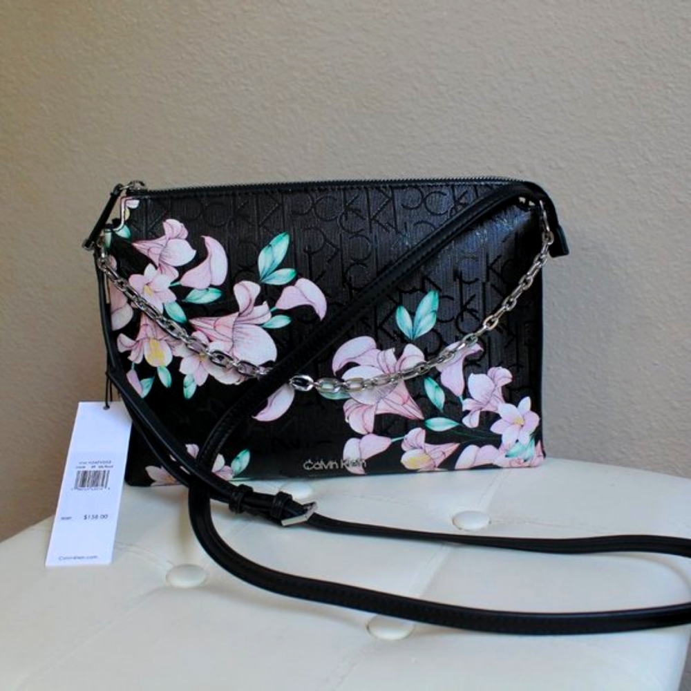 Calvin Klein Black Floral Chain Purse NWT
